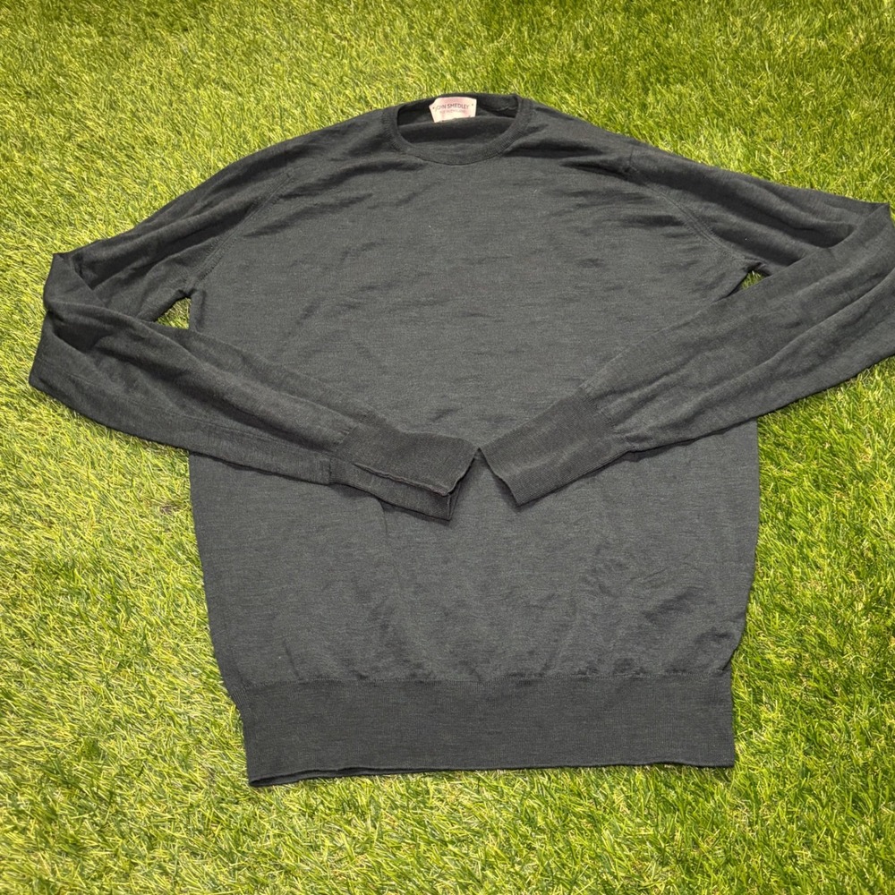 John Smedley Mens Dark Green 100% Wool Crewneck Sweater Made in England Size M